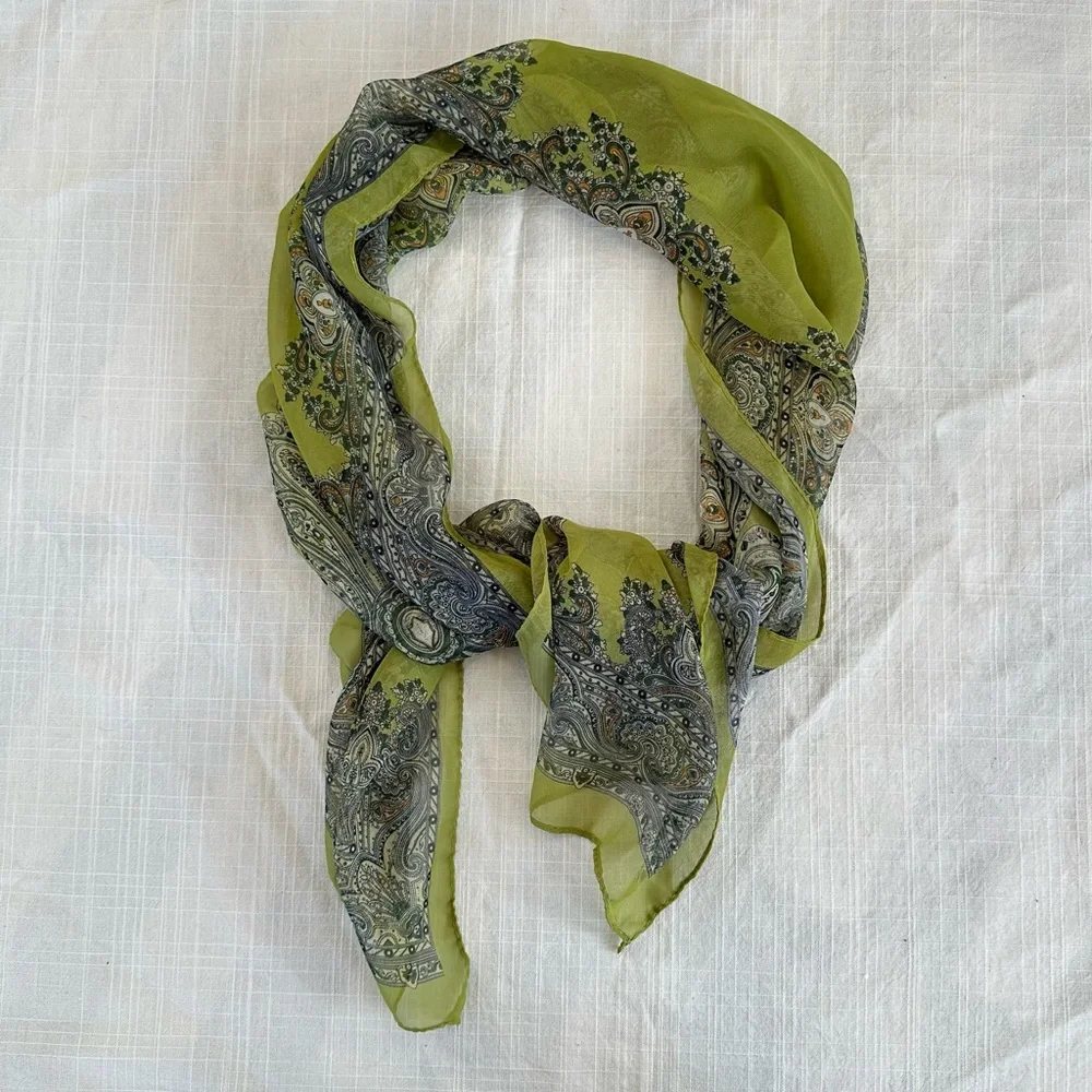 Paisley Rectangular Scarf Semi Sheer Chiffon-like Chartreuse